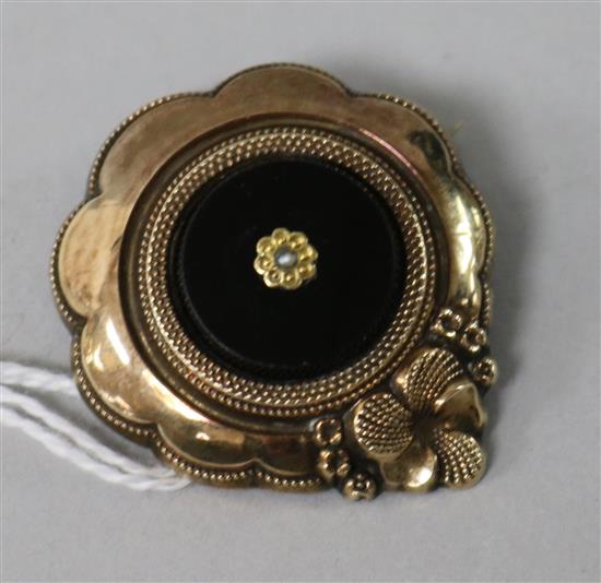 A yellow and white metal, black onyx and split pearl set brooch, 37mm.